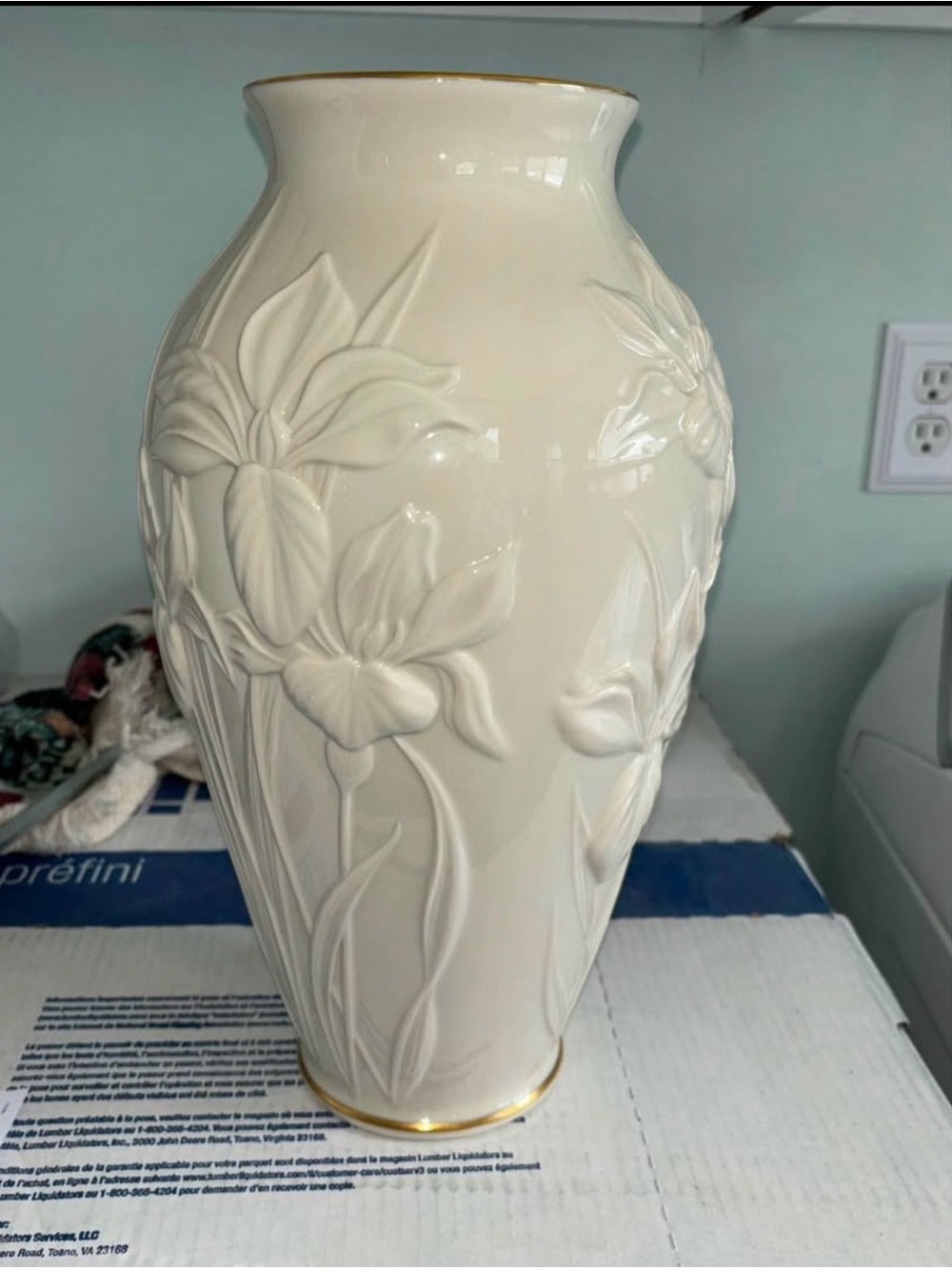 Lenox Cream Ceramic Floral Relief Vase with Gold Trim